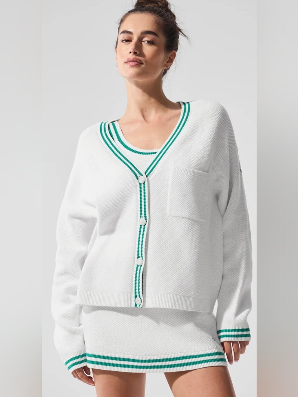 ALO Yoga White V-Neck Cardigan with Green Stripe Trim